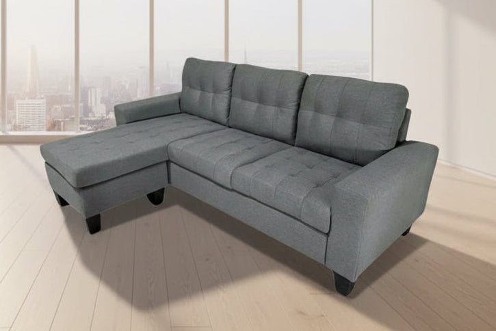 Full view of the Reversible Grey Linen Fabric Sectional Sofa, showcasing the compact L-shape configuration and the decorative tufted seat and back cushions.