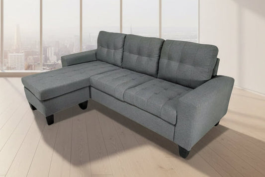 Full view of the Reversible Grey Linen Fabric Sectional Sofa, showcasing the compact L-shape configuration and the decorative tufted seat and back cushions.