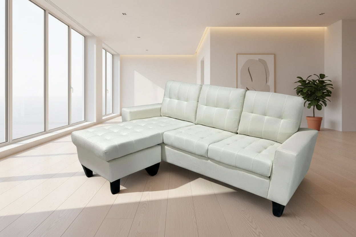 Full view of the Reversible Off White Linen Fabric Sectional Sofa, showcasing the bright, neutral color, L-shape configuration, and the detailed tufted cushions.