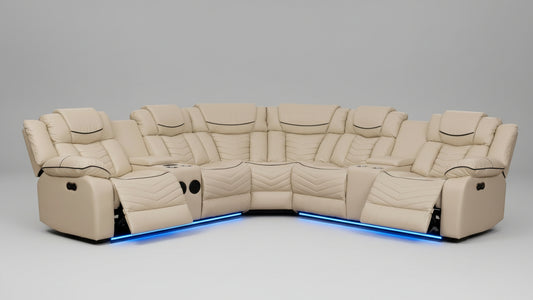 Full view of the Rick Beige Air-Leather Recliner Sectional Sofa, showcasing the large size and integrated features like LED lights and speaker placement.