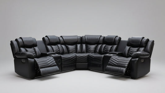 Full view of the Rick Black Air Leather Recliner Sectional Sofa in a dark room, highlighting the ambient glow of the integrated LED lights along the base or console.