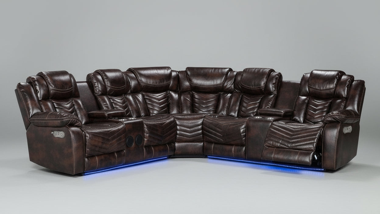 Full view of the Rick Brown Air Leather Recliner Sectional Sofa, showcasing its corner shape and multiple reclining seats with supportive headrests.