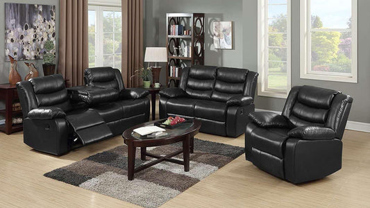 Full view of the Rivaldo Black Leather Manual Recliner 3-Piece Set, showing the sofa, loveseat, and chair with the footrests extended for comfort.