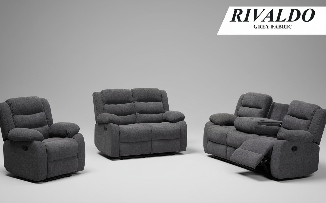 Full view of the Rivaldo Grey Fabric Manual Recliner 3-Piece Set, showing the sofa, loveseat, and chair with supportive headrests visible.