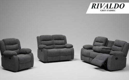 Full view of the Rivaldo Grey Fabric Manual Recliner 3-Piece Set, showing the sofa, loveseat, and chair with supportive headrests visible.