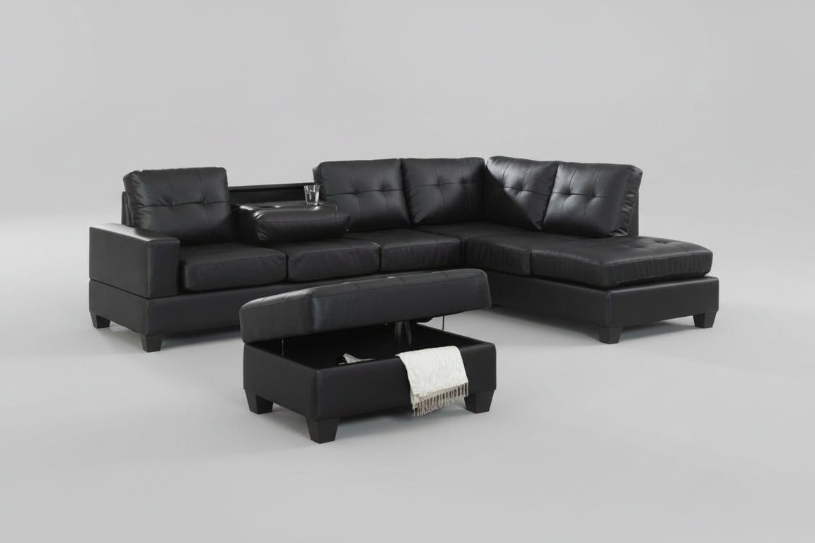 Full view of the Roma Black Faux Leather Reversible Sectional Sofa, showcasing the sleek upholstery and the matching ottoman placed next to the chaise.