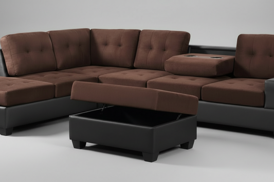 Full view of the Roma Brown Velvet Reversible Sectional Sofa, showcasing the rich, plush fabric and the matching storage ottoman placed next to the chaise.