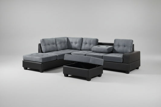 Full view of the Roma Grey Velvet Reversible Sectional Sofa, showcasing the plush fabric and the matching ottoman placed next to the chaise.