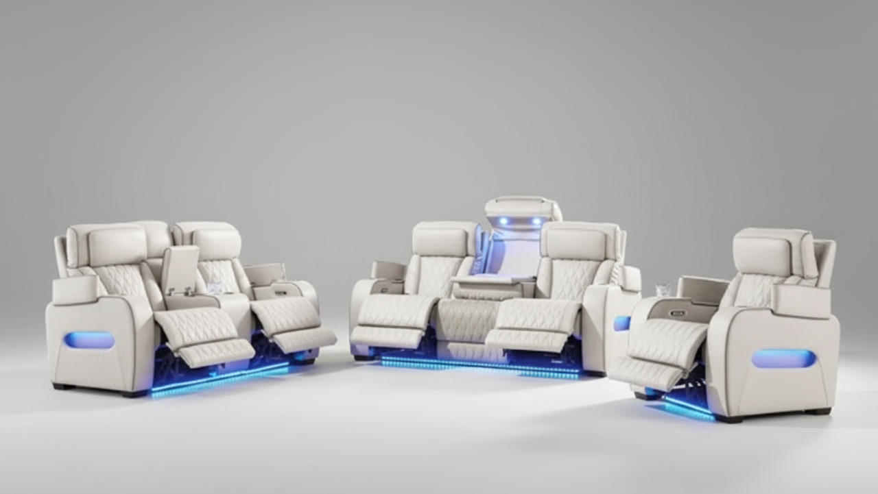 Full view of the Romania Off-White Power Leather Recliner 3-Piece Set, showcasing the bright sofa, loveseat, and chair arranged together.