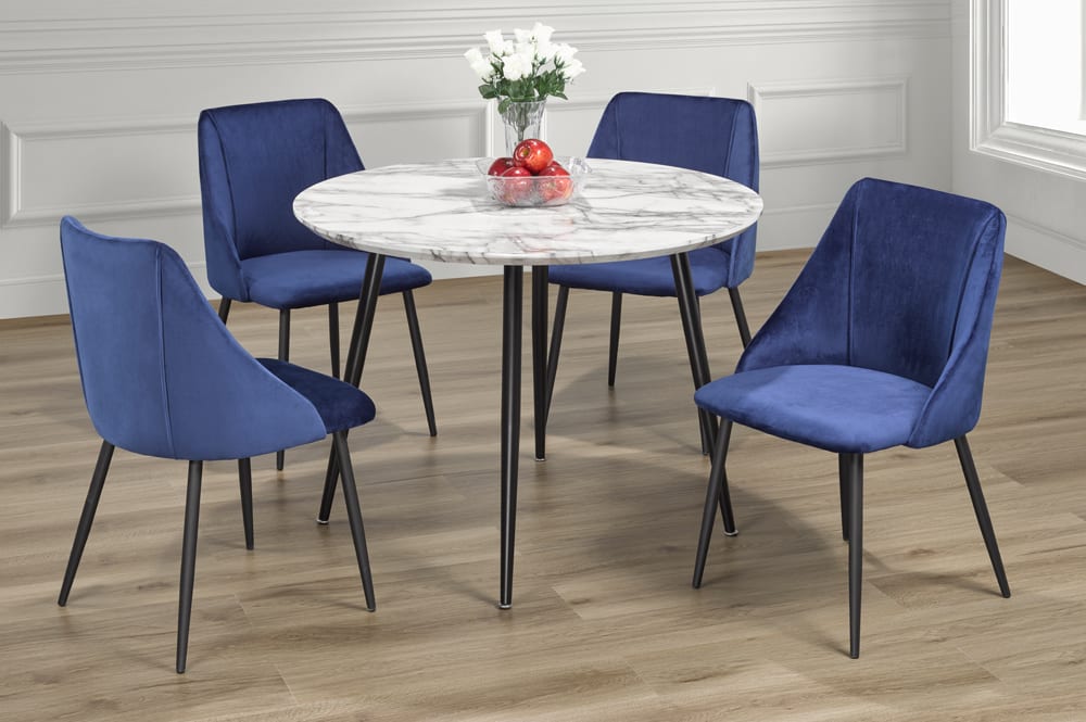 Full view of the Round Faux Marble Dining Set, showcasing the marble-look table top and four elegant dining chairs upholstered in soft velvet fabric.