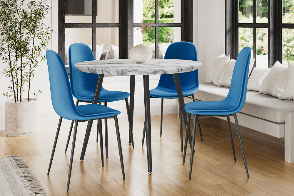 Close-up detail of the Round Faux Marble tabletop surface, highlighting the smooth, glossy finish and realistic gray and white veining.