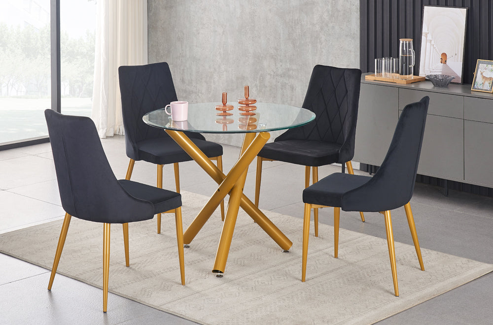 Full view of the Round Glass 4-Seater Dining Set, showcasing the clear glass table, the modern brushed gold legs, and four velvet upholstered dining chairs.