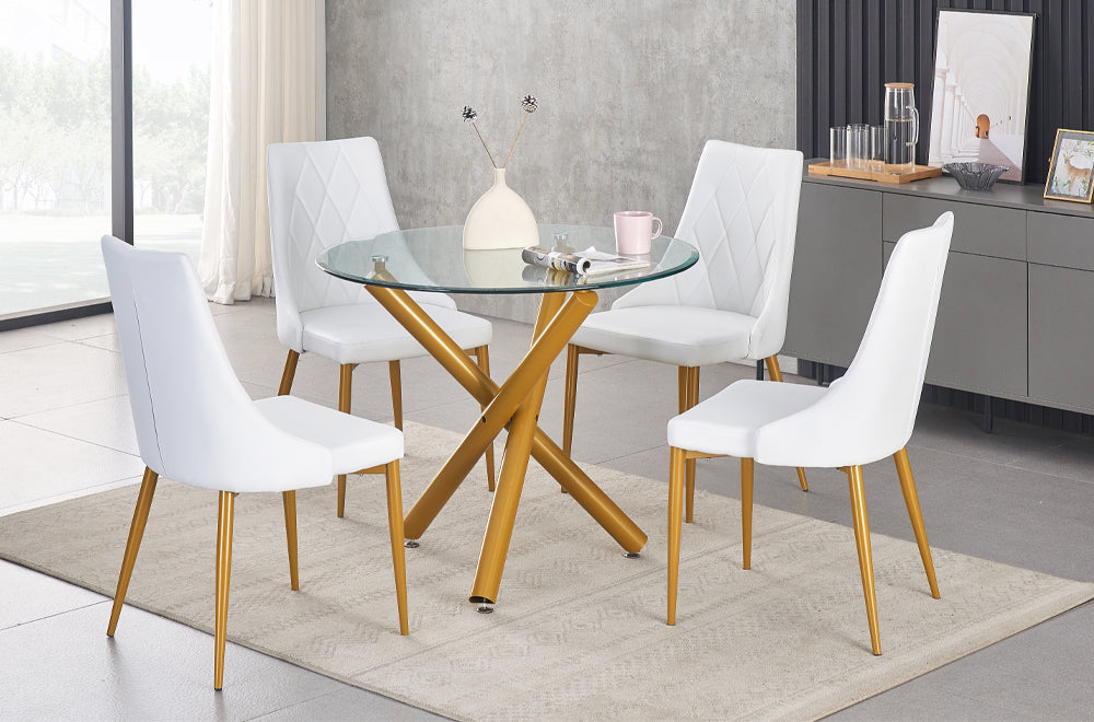 Close-up of the Round Glass tabletop edge where it meets the brushed gold metal base or legs, highlighting the luxurious gold finish detail.