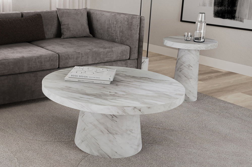 Round Marble High Gloss Coffee and End Table Set Modern