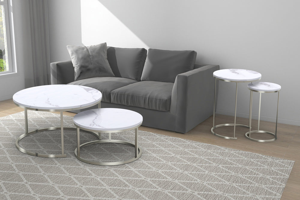 Round Marble Veneer Nesting Coffee Table Set with Silver Legs