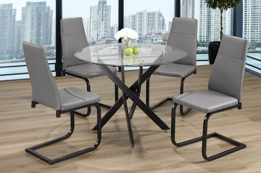 Full view of the 5-Piece Round Tempered Glass Dining Set, showing the clear glass table and four stylish dining chairs upholstered in classic leather.