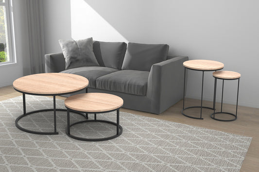 Full view of the 4 Piece Nesting Coffee Table Set, showing the large Round Wood-Veneer coffee table with the smaller Black Metal nesting tables partially pulled out.