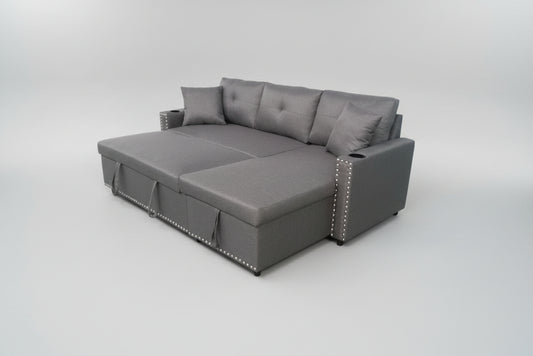 Full view of the Santos Light Grey Fabric Reversible Sectional Sofa, showcasing the neutral color and the pull-out sleeper function extended.