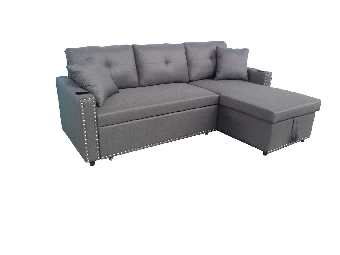 Angled view of the Santos Light Grey Sectional Sofa in its standard seating configuration, highlighting the comfortable light grey fabric and clean modern design.