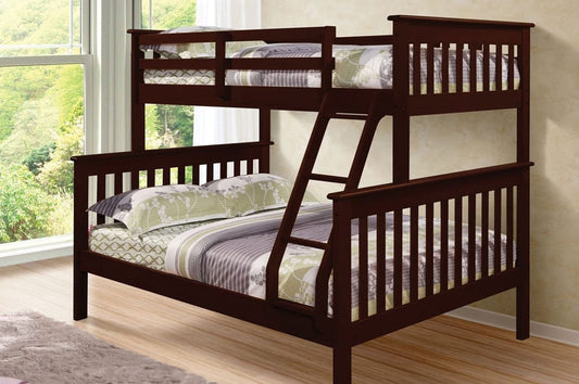 Solid pine wood single over double bunk bed in espresso finish, featuring a full-size lower bed and a twin upper bed with full guardrails.