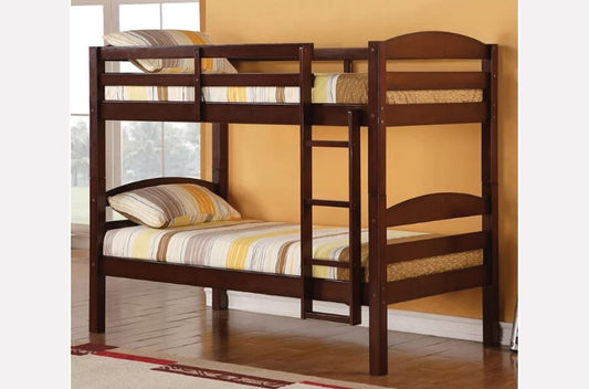 Solid pine single over single (twin) bunk bed, showing the integrated ladder, full-length guardrails, and classic wood finish.
