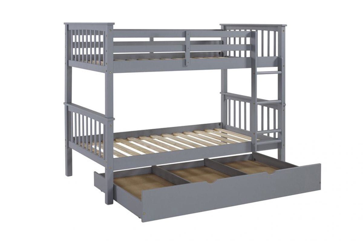 Close-up view of the solid wooden slat system providing reliable mattress support for the twin bunk bed.