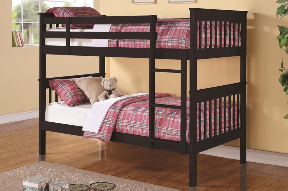 Two separate twin beds displayed, showing the versatility of the splittable solid pine bunk bed design.