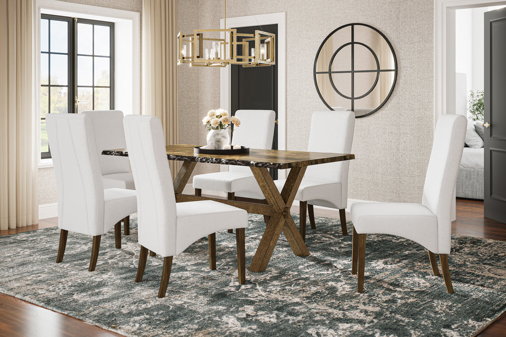 Full view of the 7-Piece Solid Wood Pedestal Dining Set in Distressed Walnut, featuring the round or rectangular pedestal table and six Bouclé upholstered dining chairs.