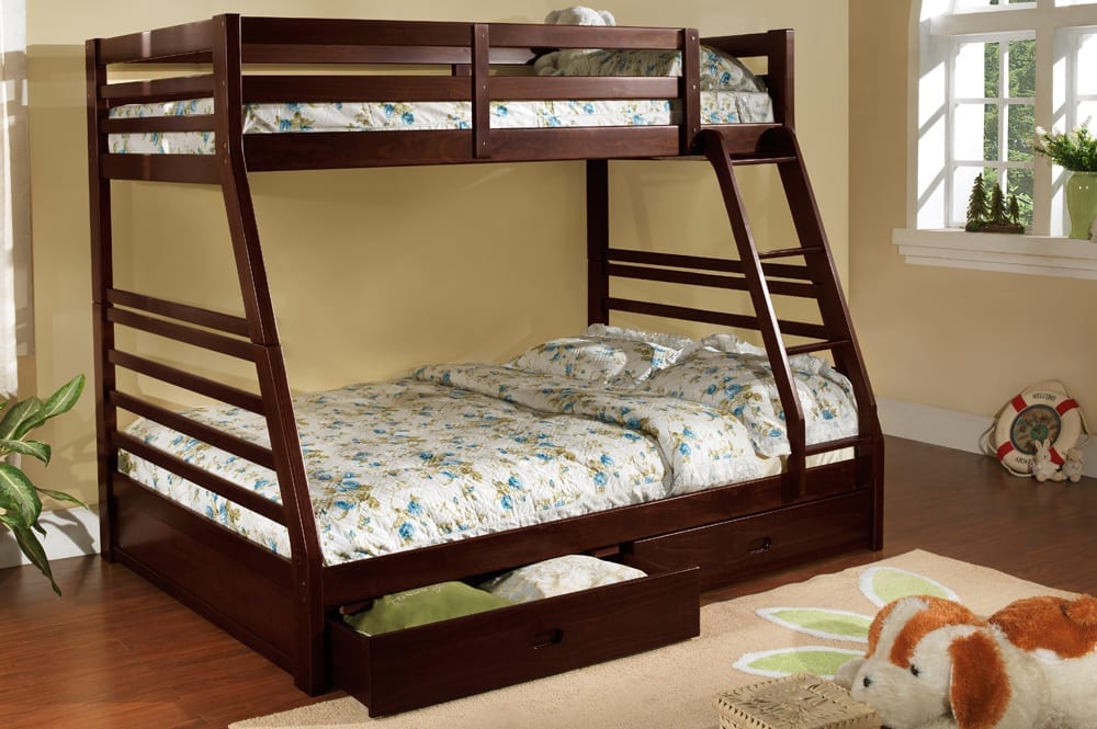 Detailed view of the solid wood construction and smooth finish of the twin over full bunk bed and the integrated step ladder.