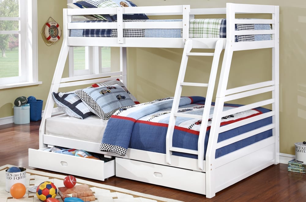 View of the solid wood bunk bed clearly showing the twin size upper bunk and the wider full size lower bunk.