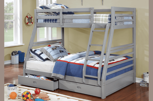 Solid wood twin over full bunk bed, showing the integrated step ladder, guardrails, and two large storage drawers beneath the lower bed.
