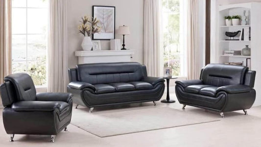 Full view of the Speedy Black Faux Leather 3-Piece Set, showcasing the sleek matching sofa, loveseat, and chair arranged together.