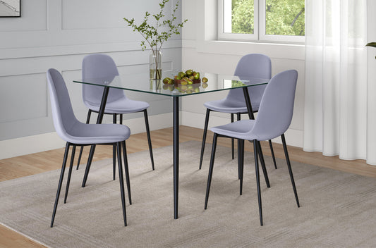 Full view of the 5-Piece Square Tempered Glass Dining Set, showing the clear square glass table and four modern velvet upholstered dining chairs.