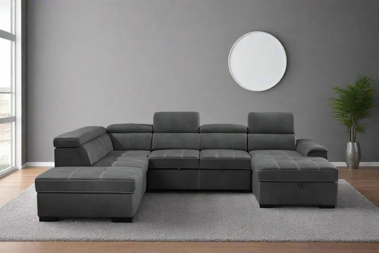 Close-up detail of the Suzi Sectional, highlighting the open storage chaise compartment and the coordinating separate ottoman piece.