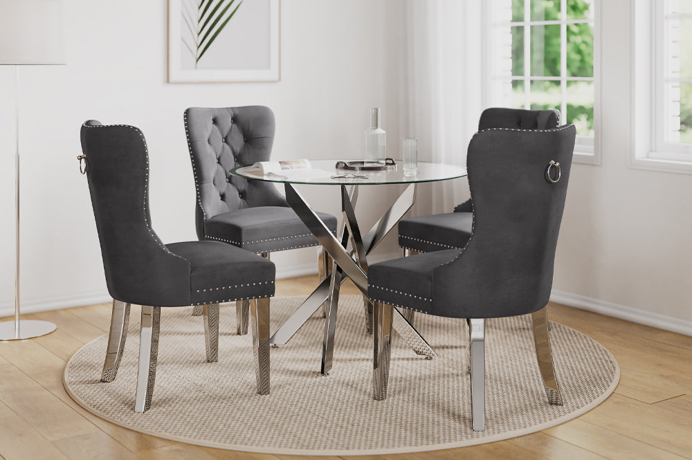 5-Piece Tempered Glass Dining Set with Tufted Velvet Chairs