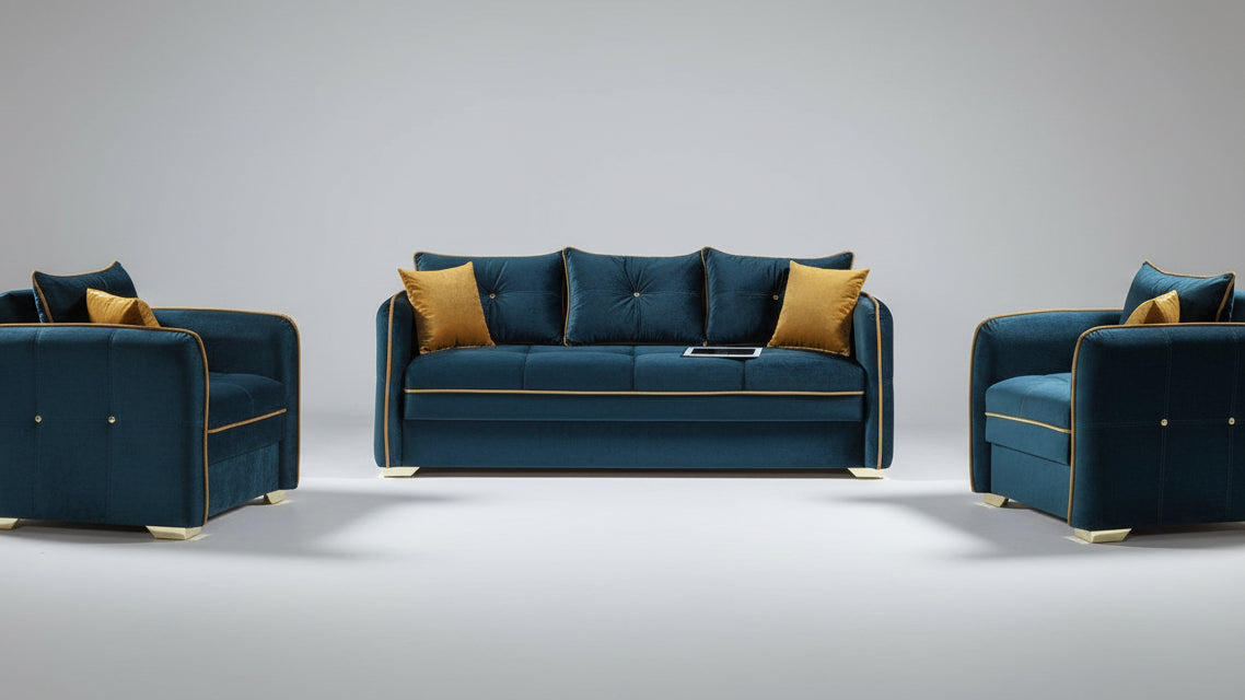 Full view of the Torino Bluish Green Velvet 3-Piece Sofa Set, showcasing the unique color and the sofa and loveseat with the sleeper beds extended.