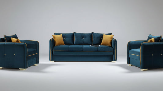 Full view of the Torino Bluish Green Velvet 3-Piece Sofa Set, showcasing the unique color and the sofa and loveseat with the sleeper beds extended.