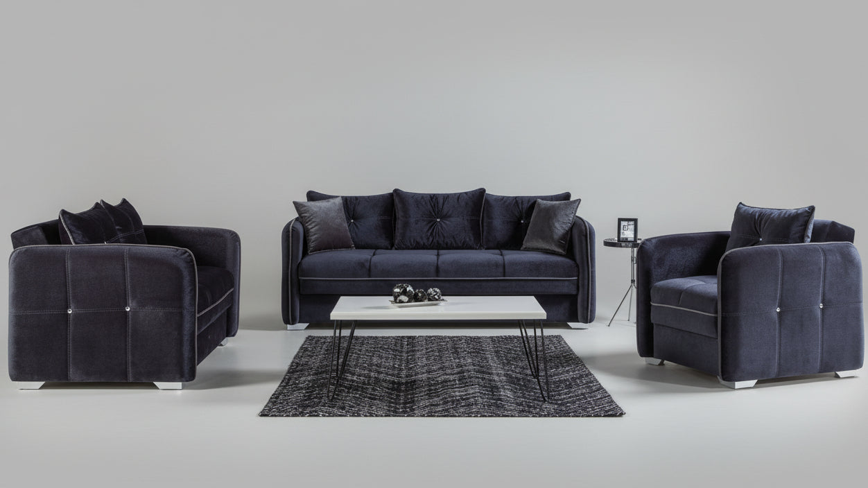 Full view of the Torino Grey Velvet 3-Piece Sofa Set, showcasing the sofa, chair, and the loveseat with the sleeper bed extended.