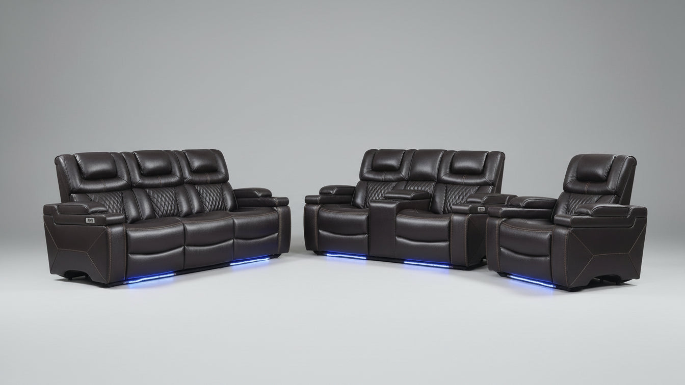 Full view of the Transformer Brown Leather Power Recliner 3-Piece Set, showcasing the sofa, loveseat, and chair arranged together.
