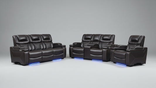 Full view of the Transformer Brown Leather Power Recliner 3-Piece Set, showcasing the sofa, loveseat, and chair arranged together.