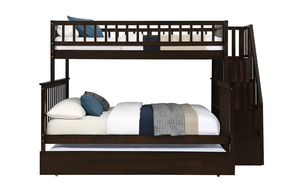 Twin over double bunk bed, showing the full-length guardrails and sturdy staircase structure for secure access.