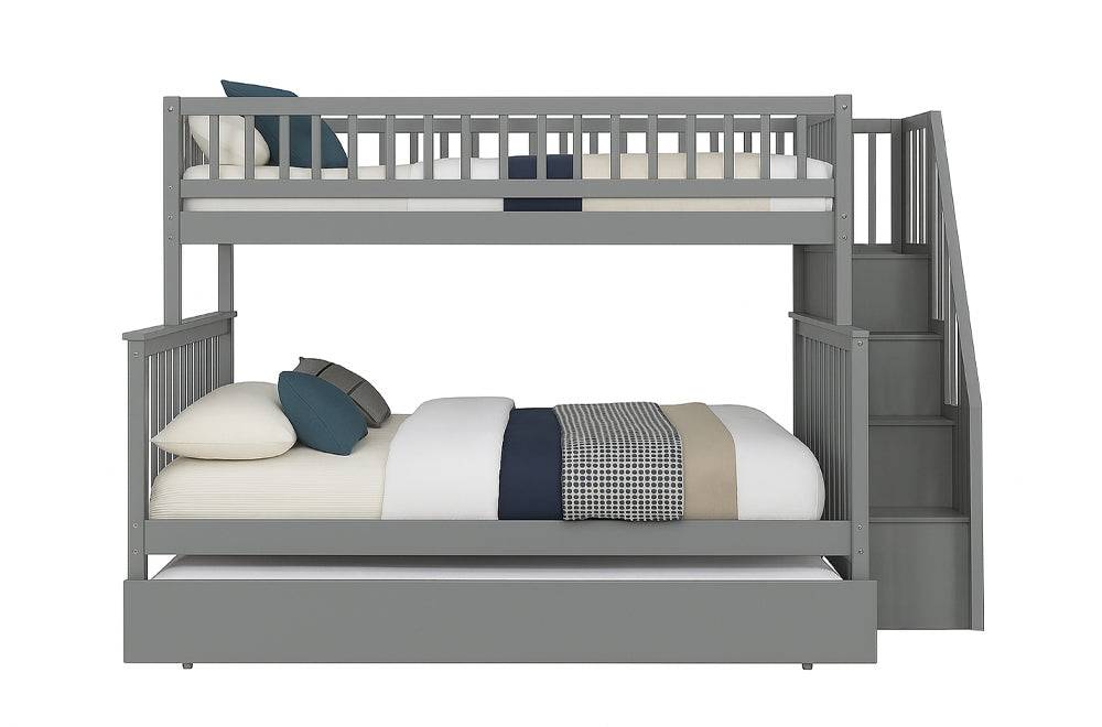 Twin over double bunk bed with trundle and stairs placed in a room setting, demonstrating its functionality and compact size.