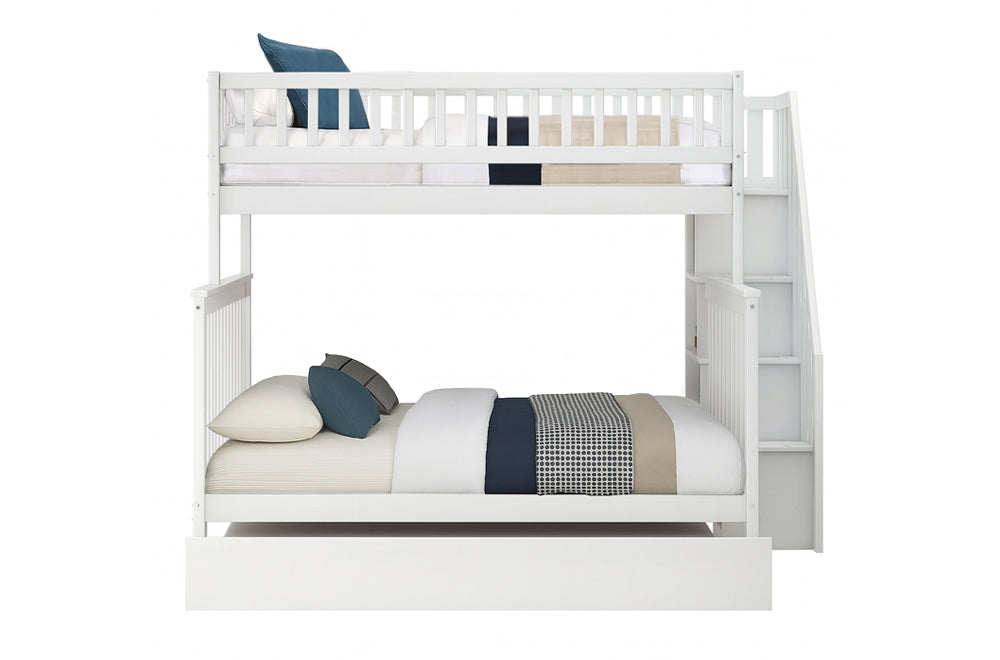 View of the bunk bed, clearly showing the larger size of the lower double/full bed compared to the upper twin bed.