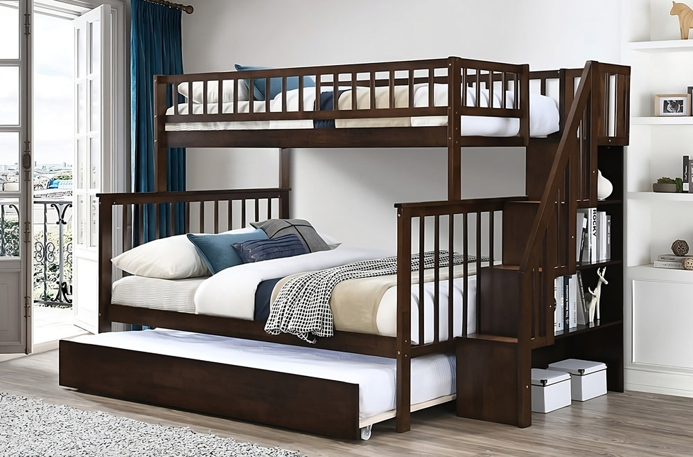 Twin over double bunk bed with the twin size trundle fully pulled out, showcasing the three available sleeping surfaces.