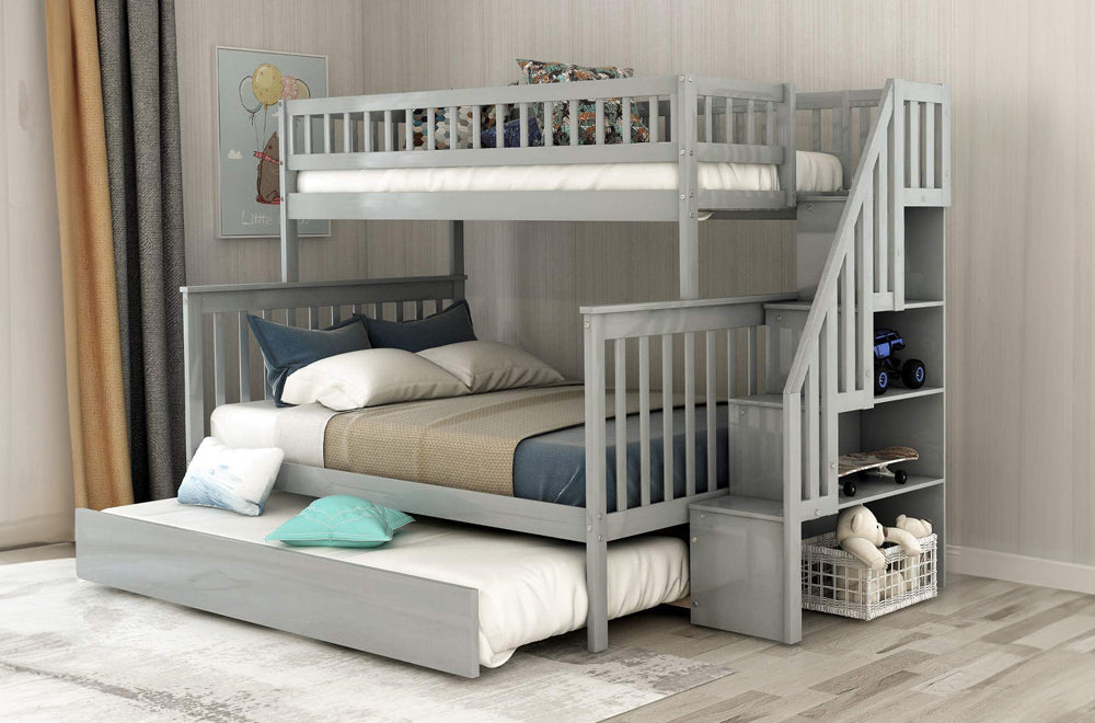 Solid pine twin over double bunk bed featuring a built-in staircase with storage shelves and a pull-out trundle bed.