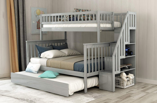 Solid pine twin over double bunk bed featuring a built-in staircase with storage shelves and a pull-out trundle bed.