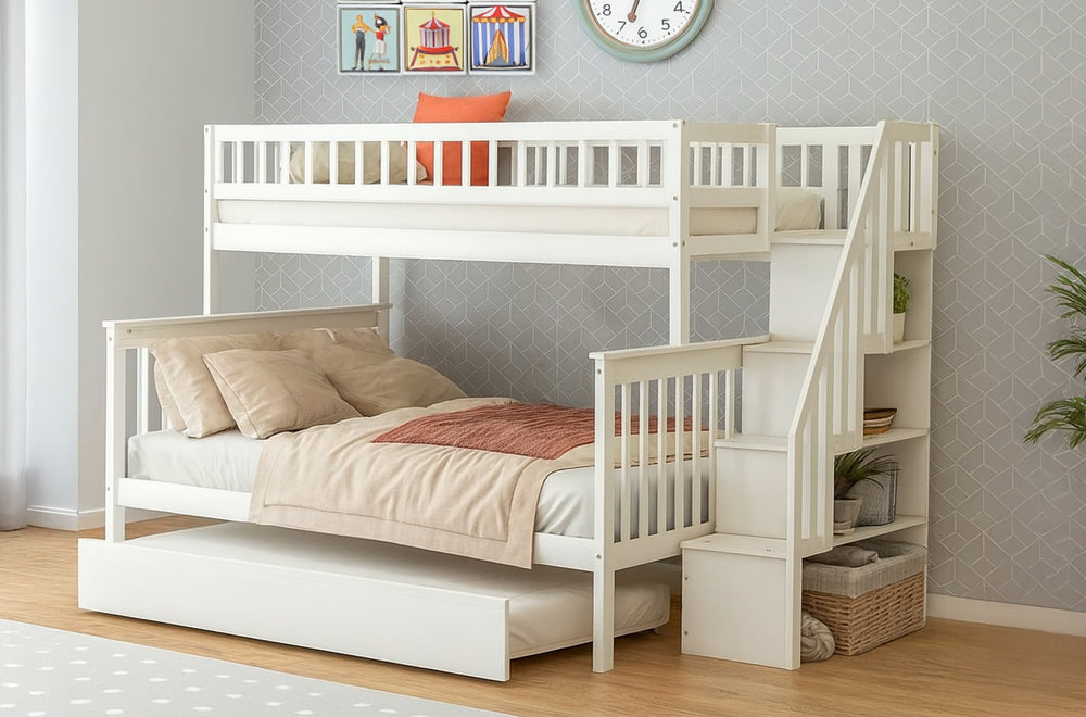 Bunk bed with the trundle unit utilized for storage, showing its flexibility as a large, discreet under-bed drawer.