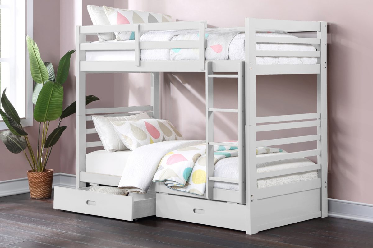 Twin over twin bunk bed with the two under-bed storage drawers pulled open, demonstrating the ample storage space for a children's room.