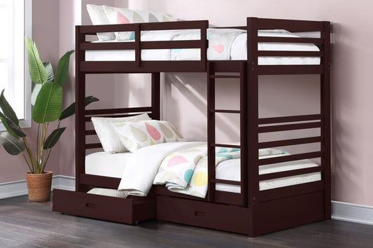 Solid wood twin over twin bunk bed, showing the integrated ladder, full guardrails, and two large under-bed storage drawers closed.
