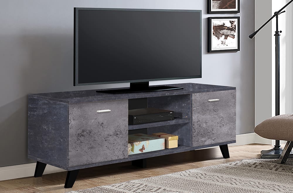Full view of the Two-Tone TV Stand, showcasing the modern concrete-style finish contrasted with a secondary color and detailing the storage shelves and compartments.
